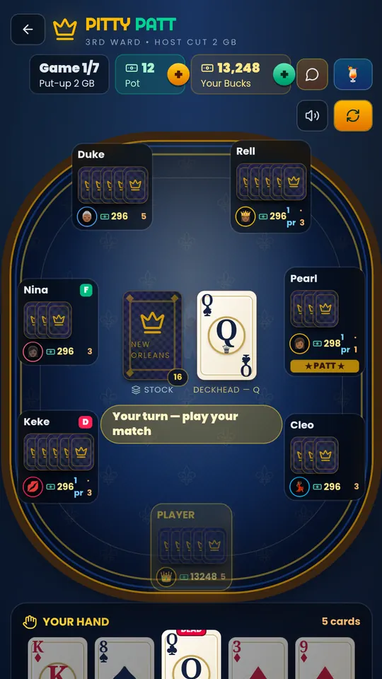 A live seven-seat table with the deckhead card and your hand